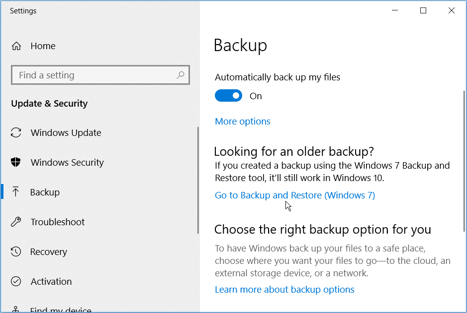 Selecting the Go to Backup and Restore (Windows 7) option