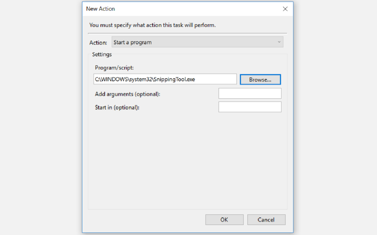 Selecting the Snipping Tool in the Task Scheduler