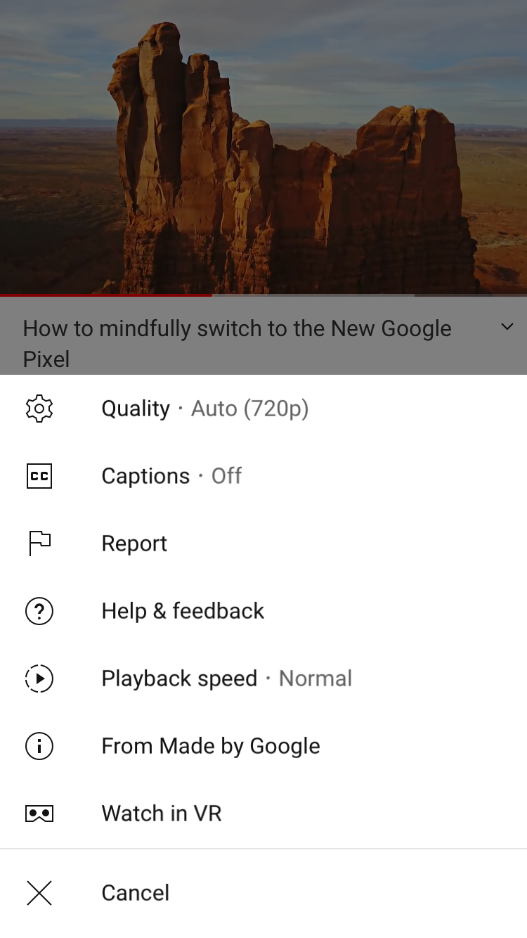 The settings menu on the YouTube app