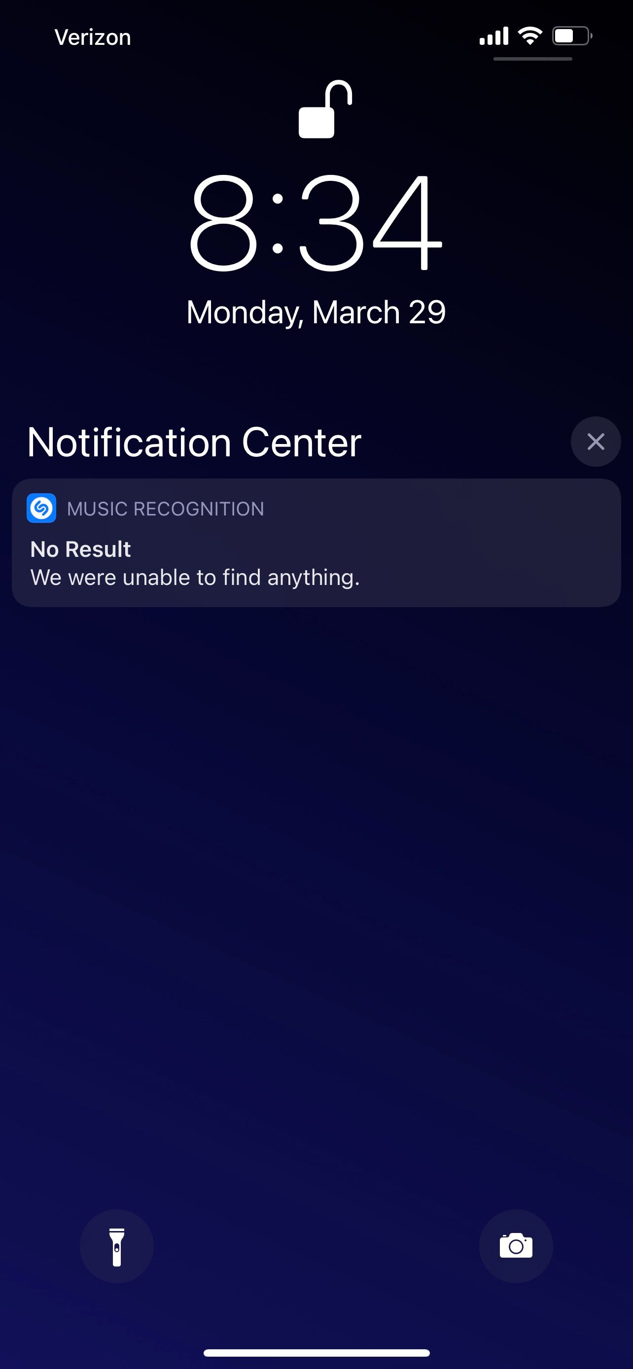 Shazam notification for no result.
