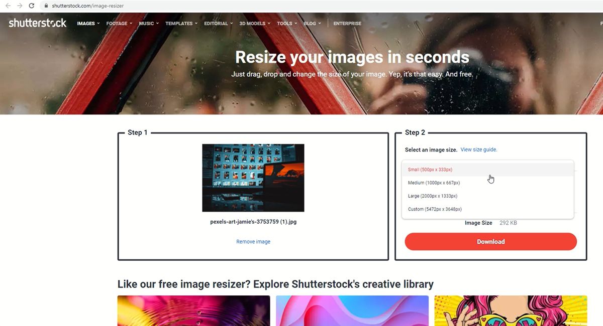 Opções de redimensionamento de imagem da Shutterstock