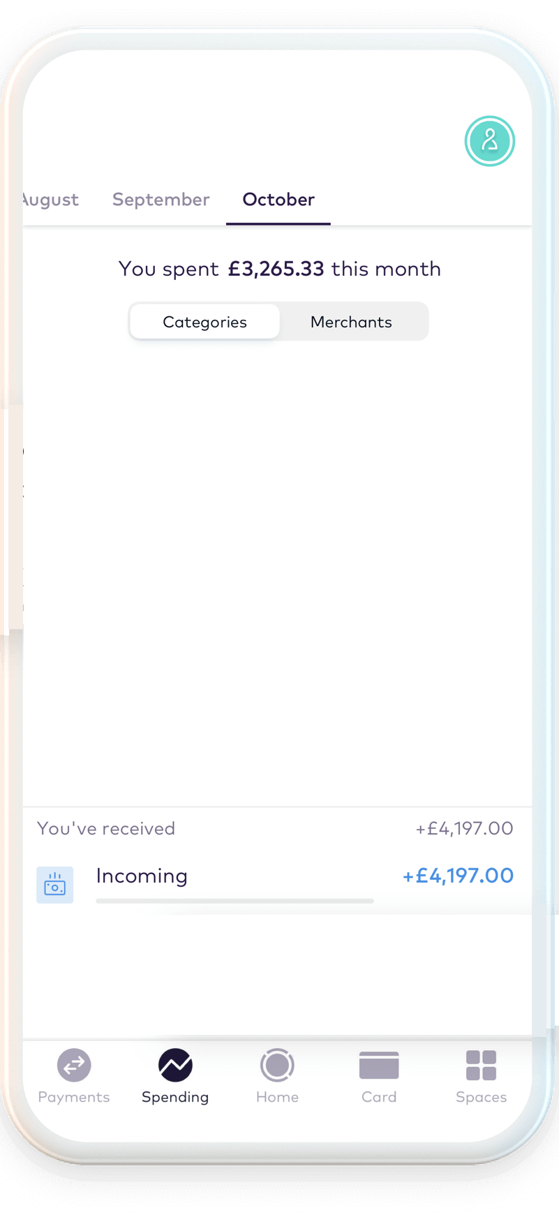 Screenshot of spending page in Starling