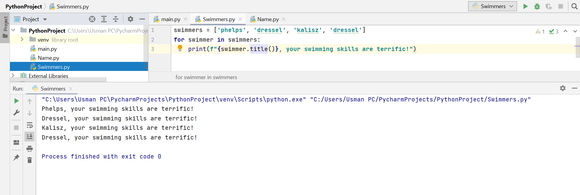 Swimmer program loops with lists executing a print statement