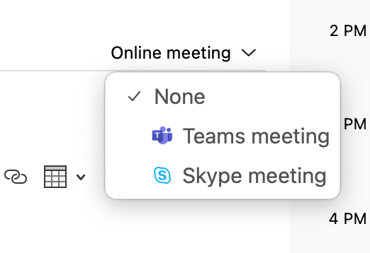 Teams Skype dropdown menu - Come pianificare una riunione in Microsoft Outlook