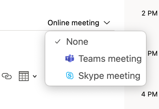 So planen Sie eine Besprechung in Microsoft Outlook - Teams Skype dropdown menu