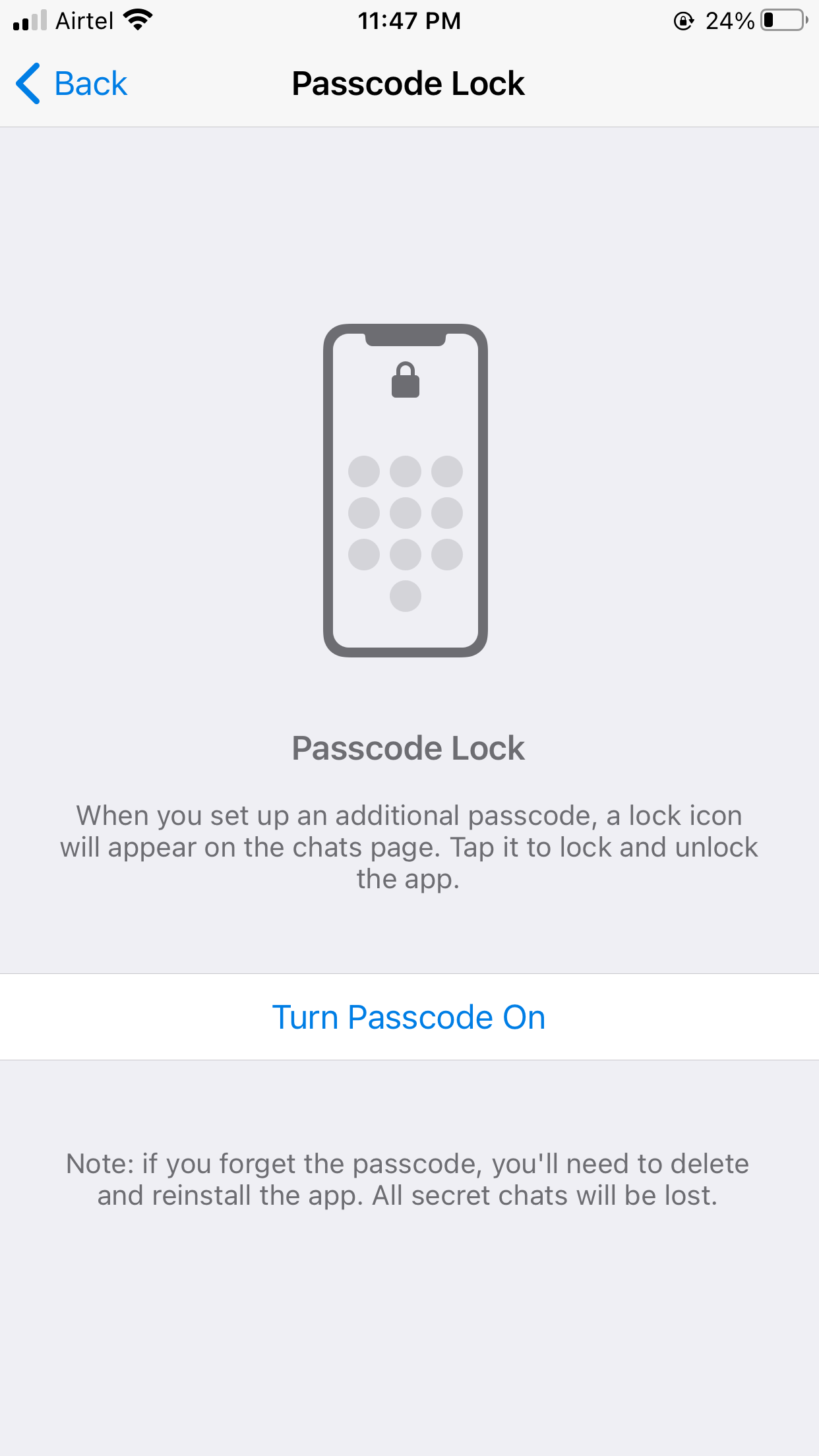 Turn on Passcode in Telegram on iPhone