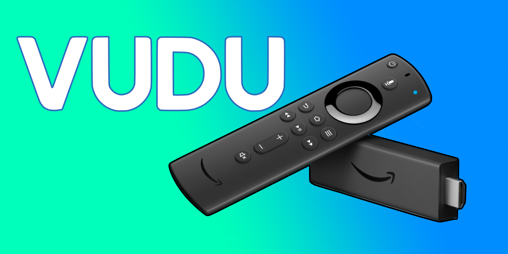 An illustration showing Amazon's Fire TV HDMI dongle and the Vudu logo set against a colorful background