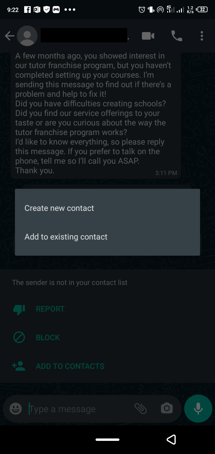 WhatsApp individual chat menu with contact save options
