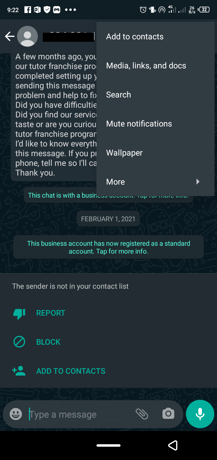 WhatsApp individual chat menu