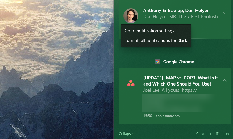 Windows 10 Action Center Notification Actions