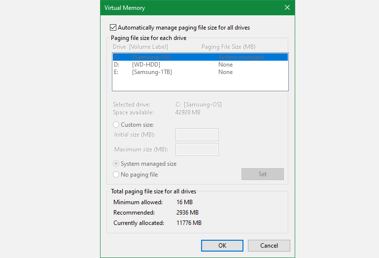 Windows 10 Adjust Paging File Size