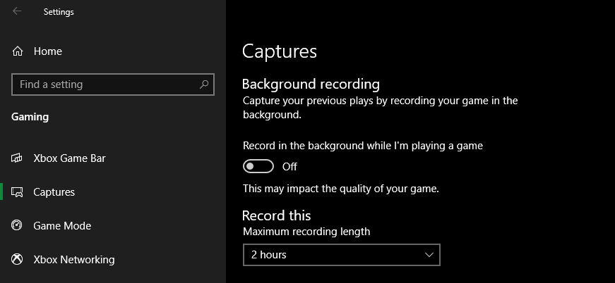 Windows 10 Captures Settings Panel