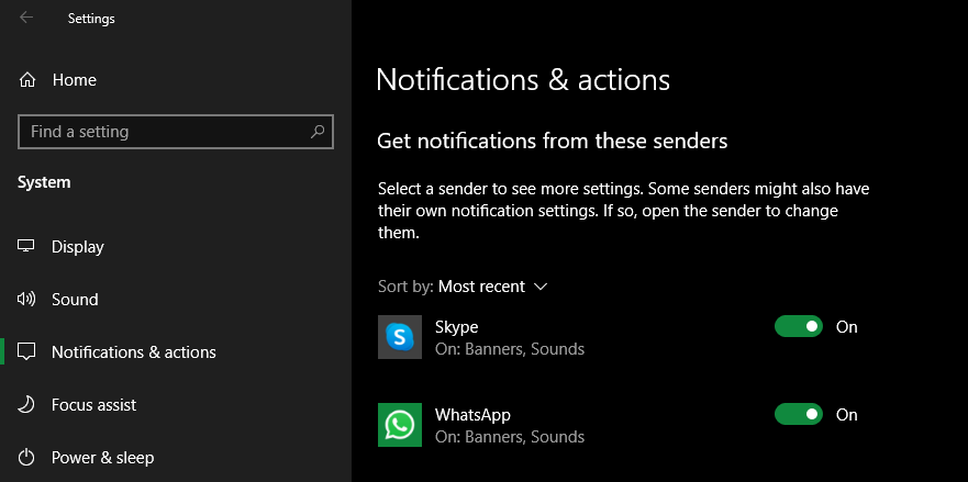 Windows 10 Choose App Notification Options