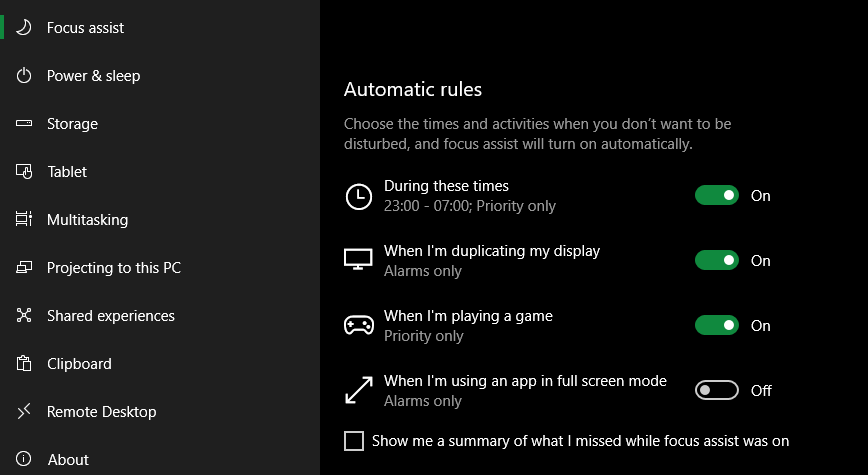 Windows 10 Focus Assist Rules