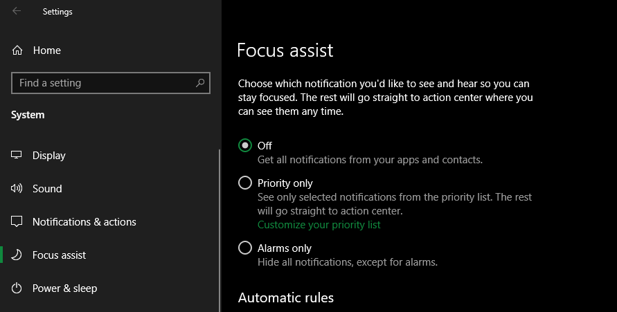 Windows 10 Focus Assist Settings