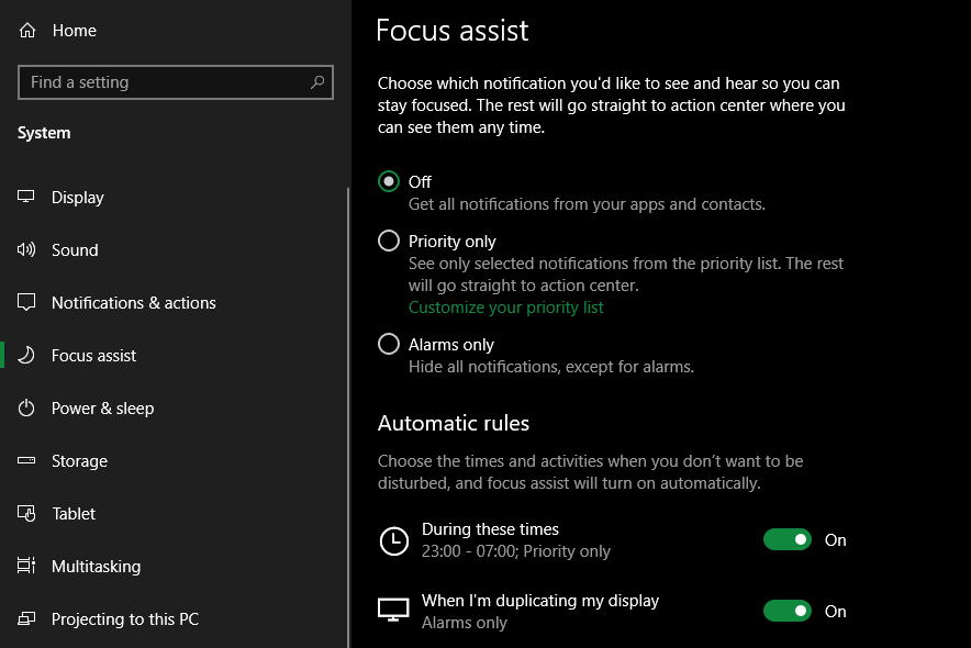 Windows 10 Focus Assist