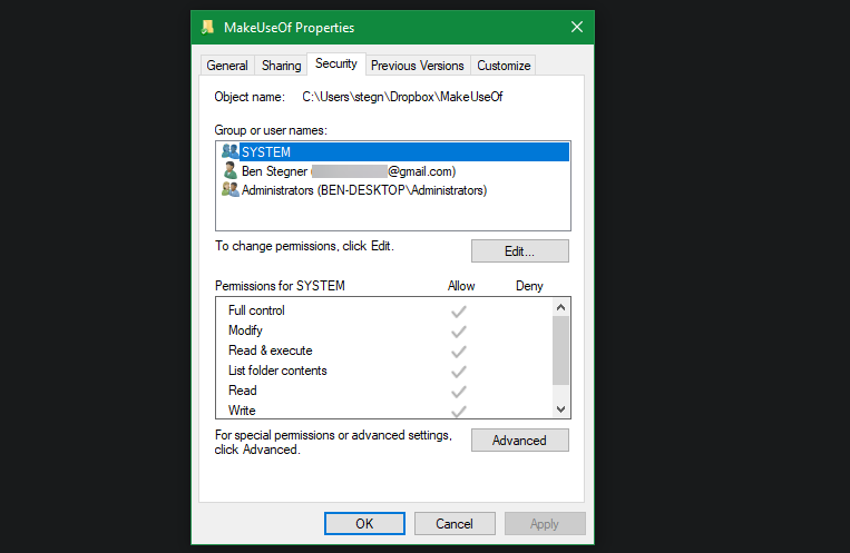 Windows 10 Folder Security Properties