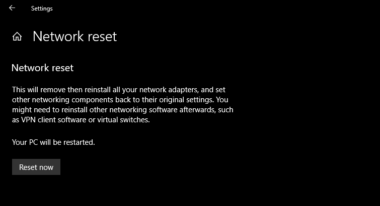 Windows 10 Network Reset