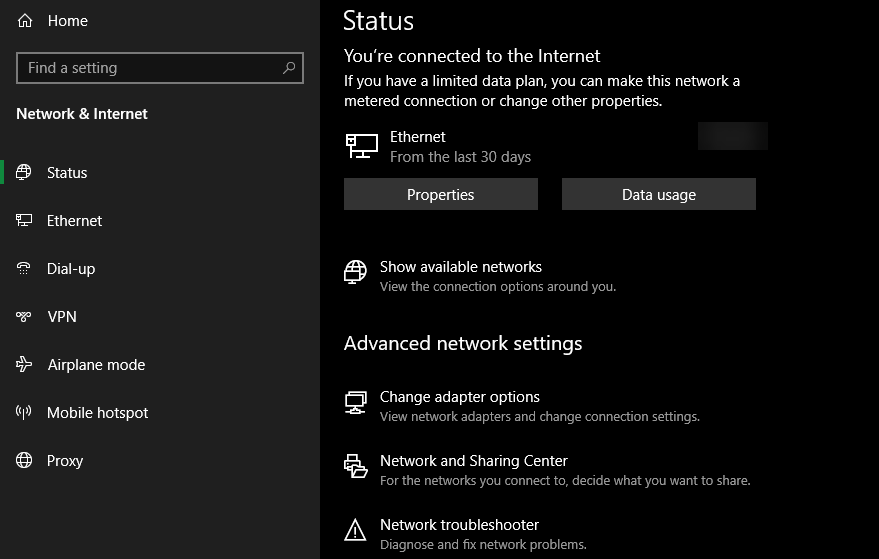 Windows 10 Network Status Page