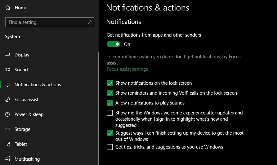 Windows 10 Notification Options