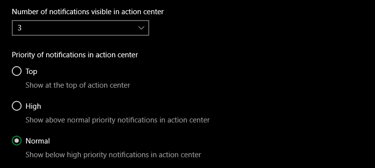 Windows 10 Notification Priority Options