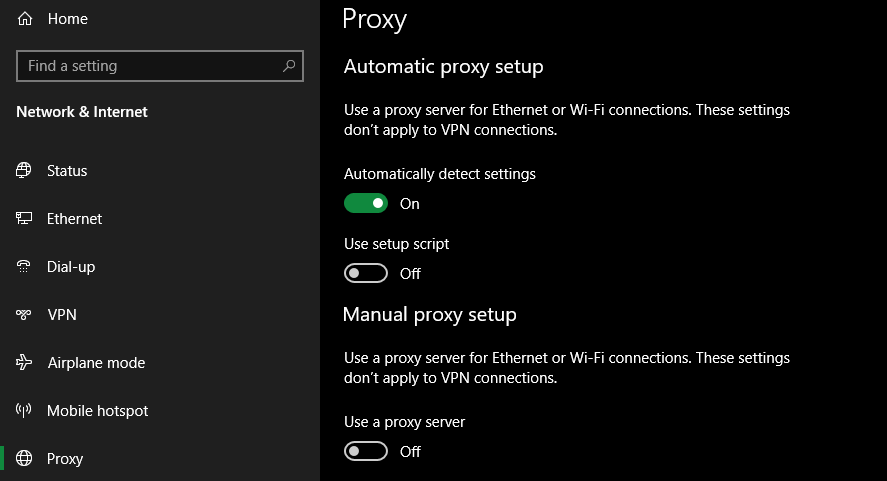 Windows 10 Proxy Settings Menu