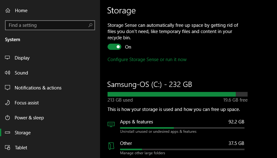 Windows 10 Storage Menu