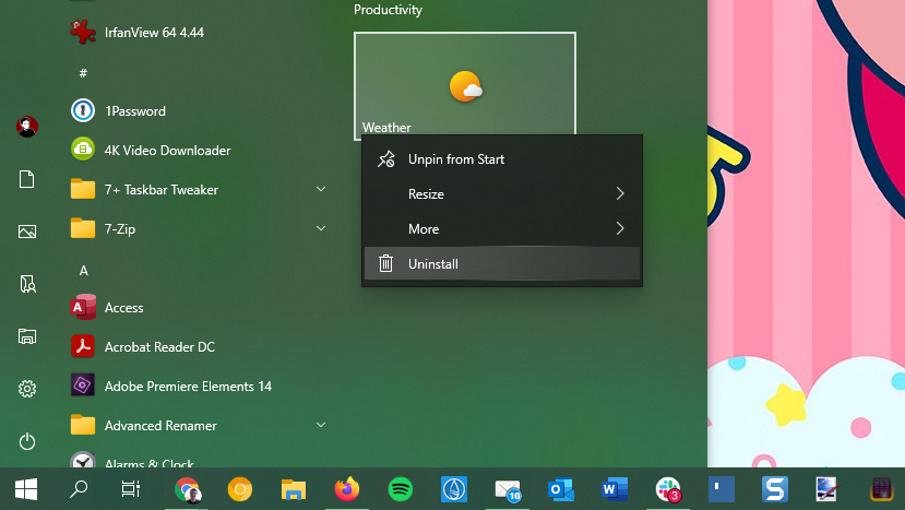 Windows 10 Copot Aplikasi Menu Mulai