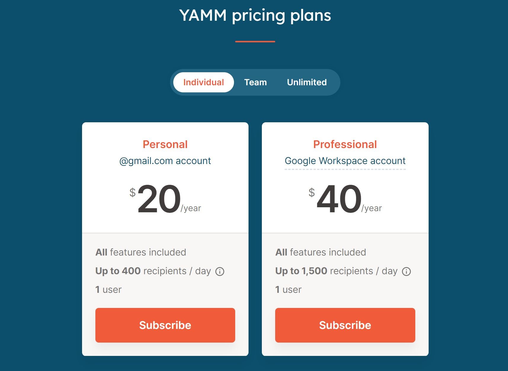 YAMM pricing page