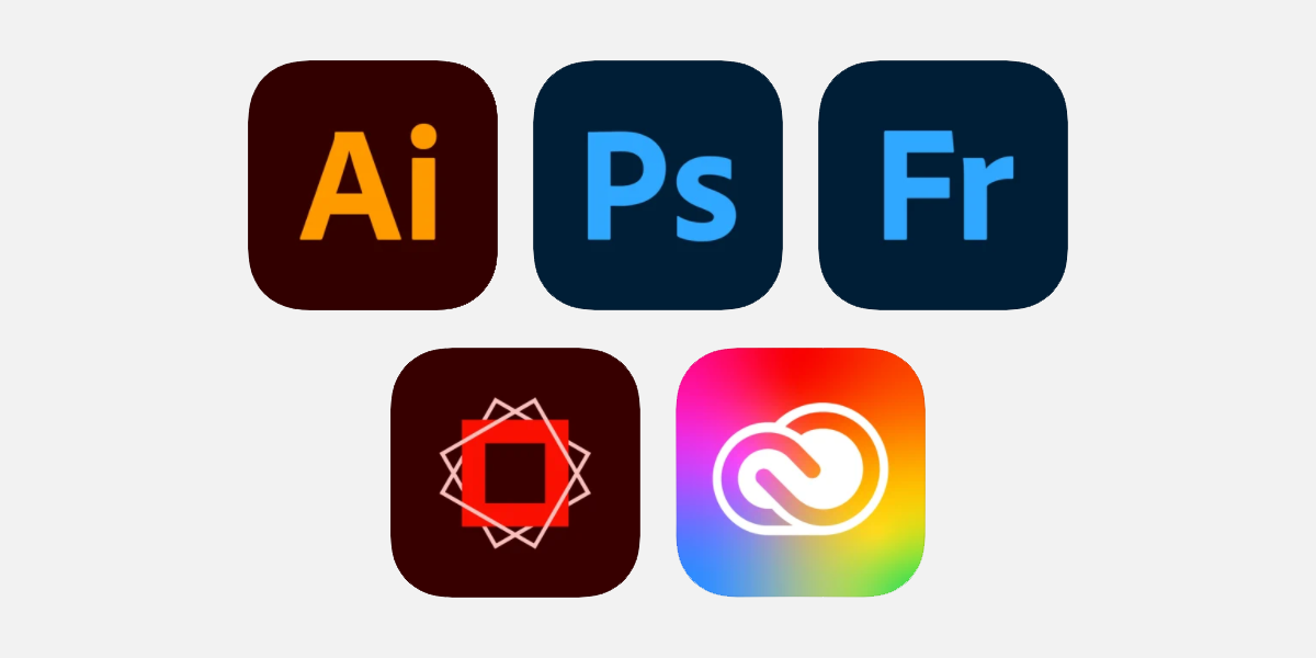 App Store icons of Illustrator, Photoshop, Fresco, Spark Post, and Creative Cloud