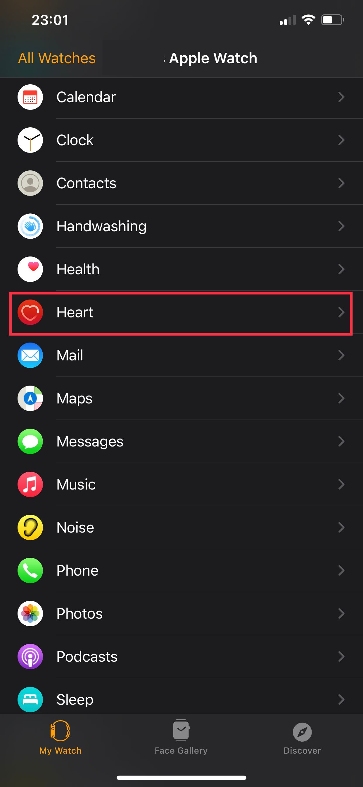 Apple Watch settings highlighting the Heart option.