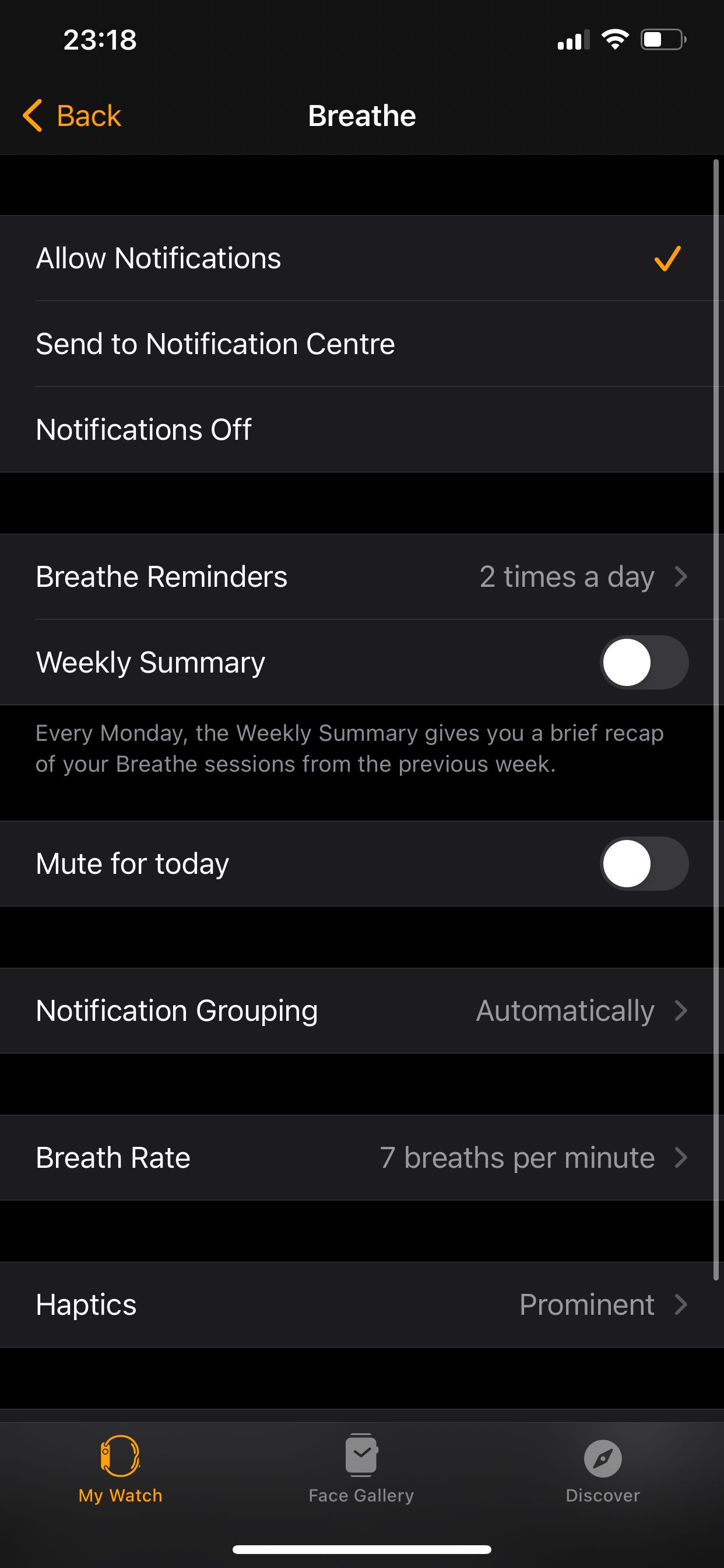 Breathe app settings in Apple Watch app.