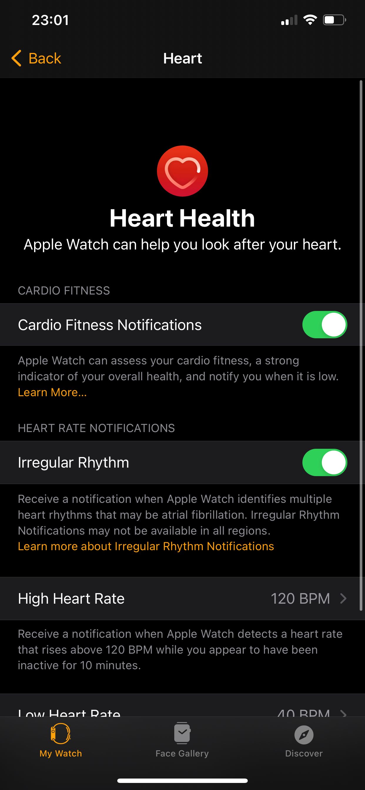 Cardio fitness notifications option in Watch settings.