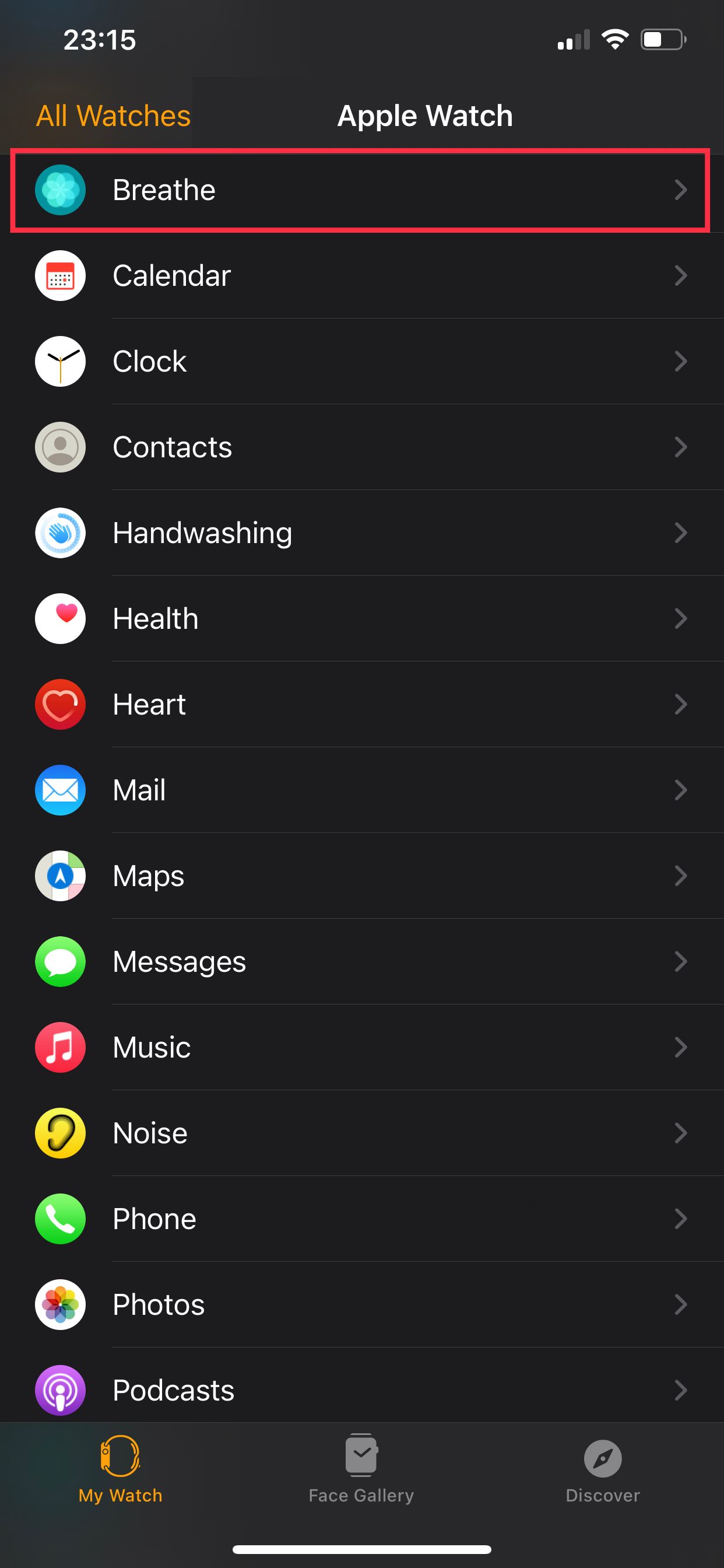 Breathe app settings in the Watch app.