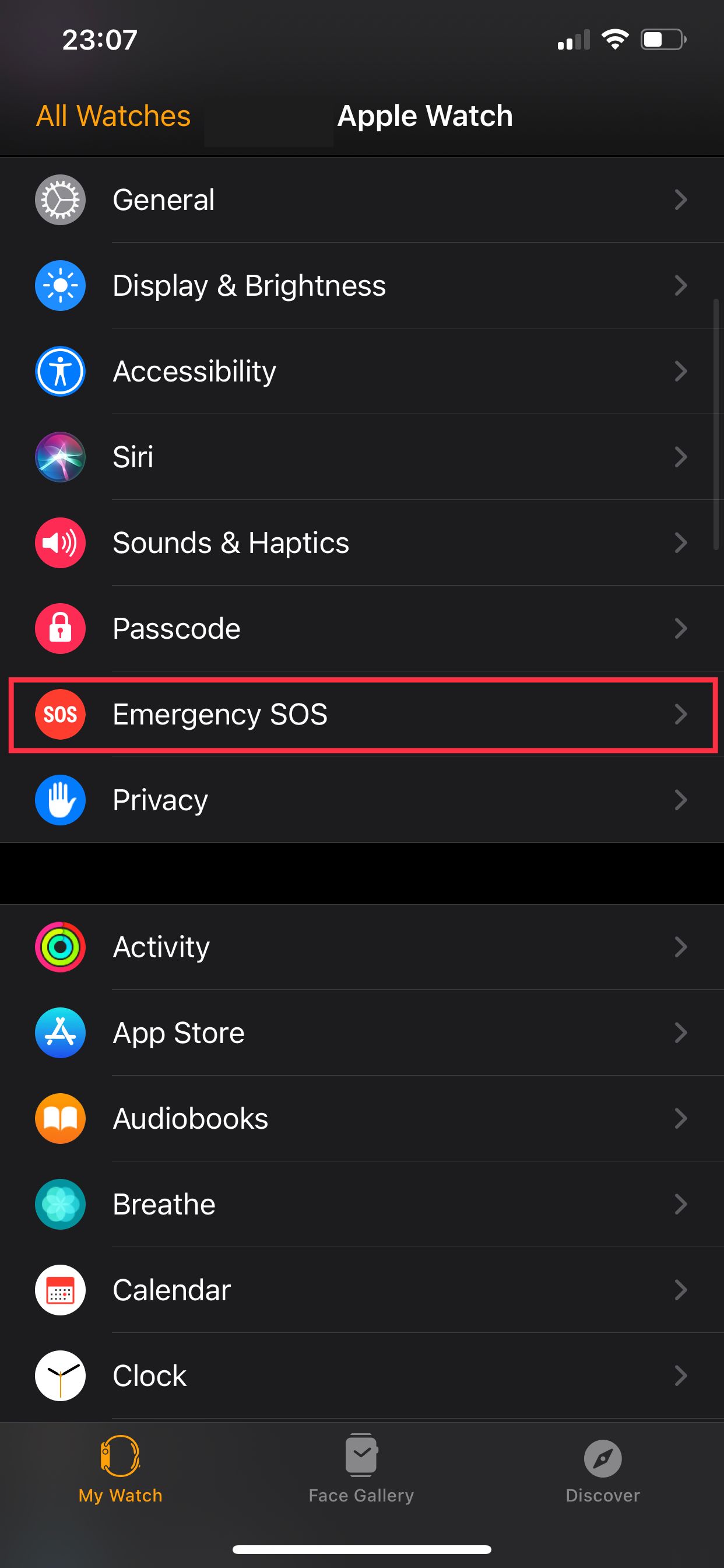 Tap Emergency SOS in the Watch app to enable Fall Detection.