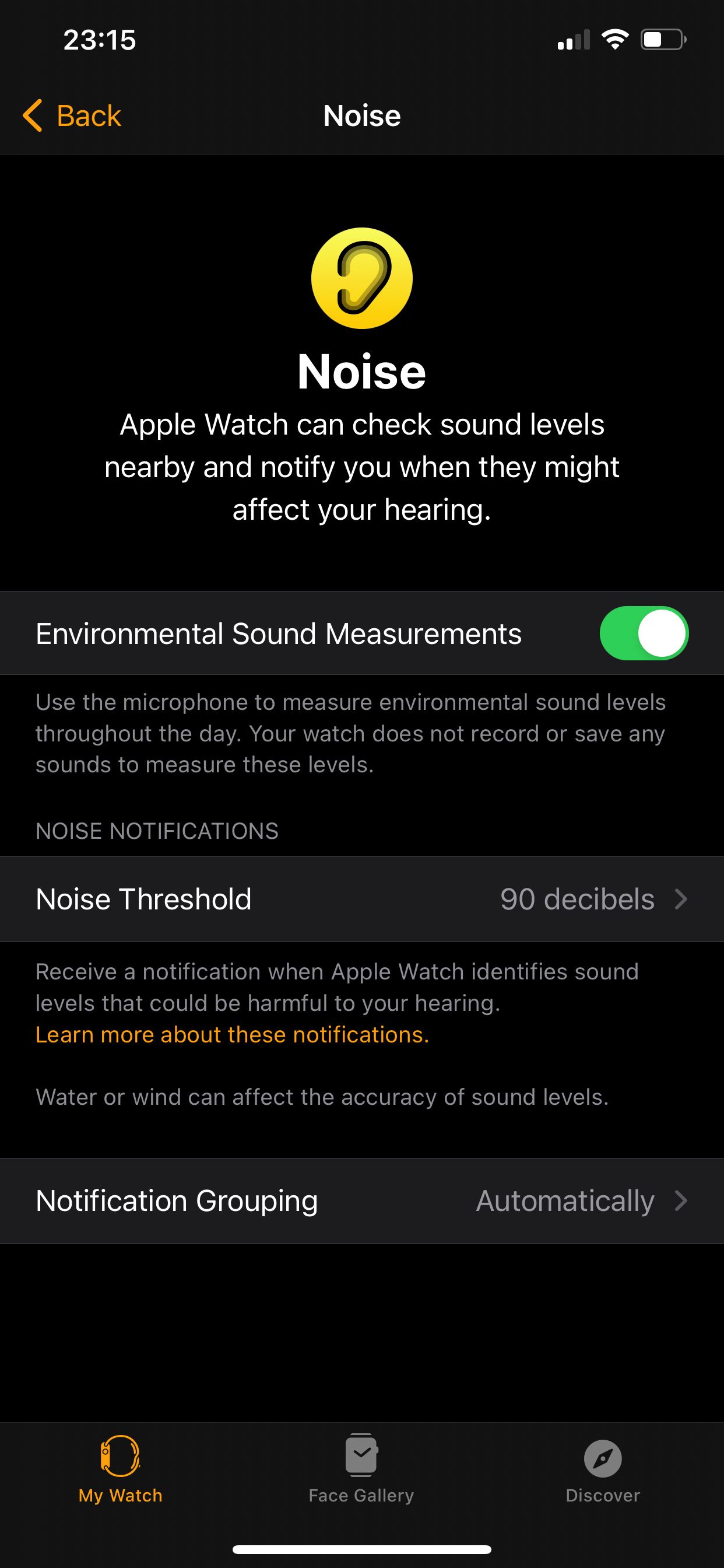 Noise threshold settings in the Watch app.