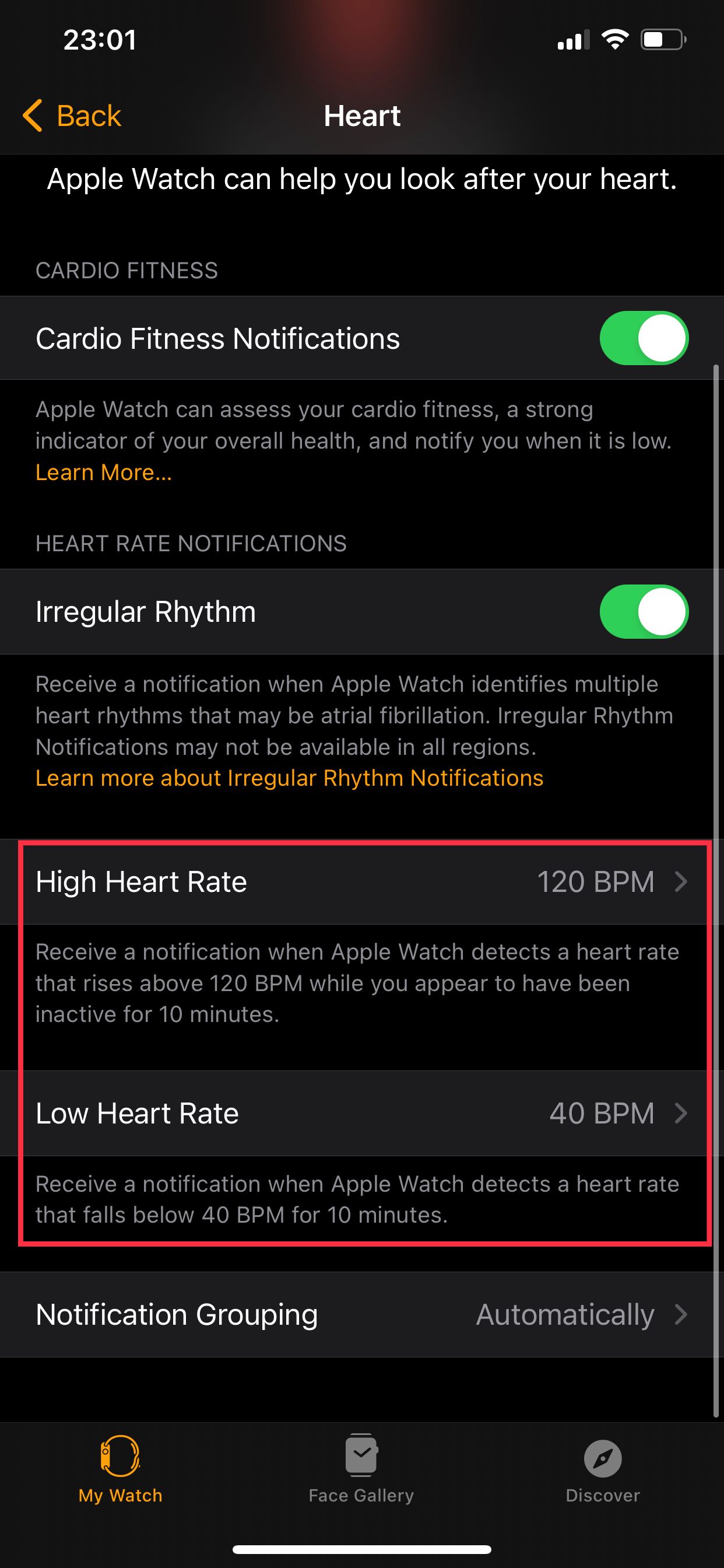 High and Low Heart Rate options in Watch settings.