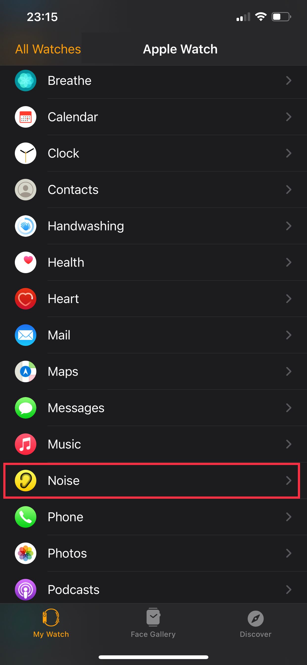 Noise measurement settings in the Watch app.