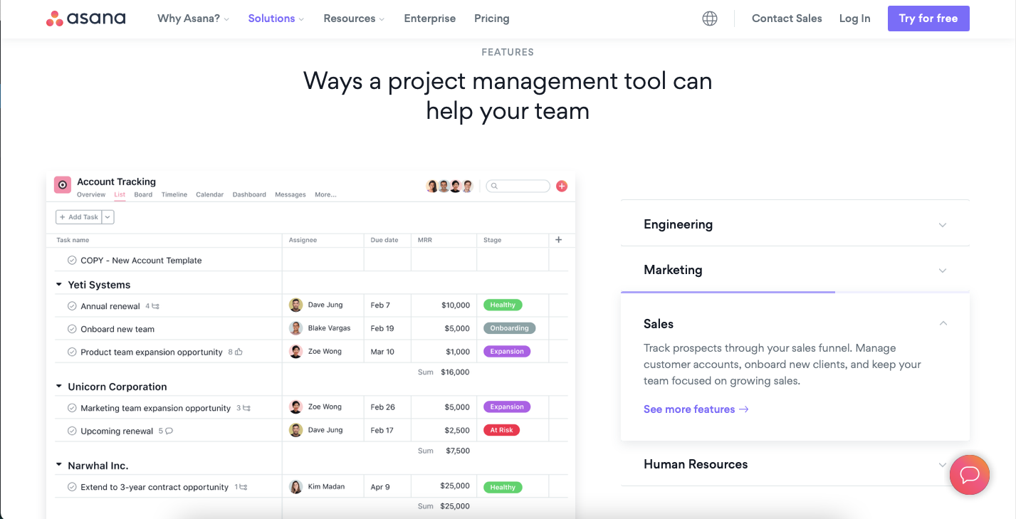 features of asana for marketing teams