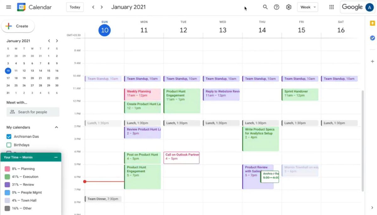 Mornin automatically analyzes your calendar schedule and color-codes it in six categories