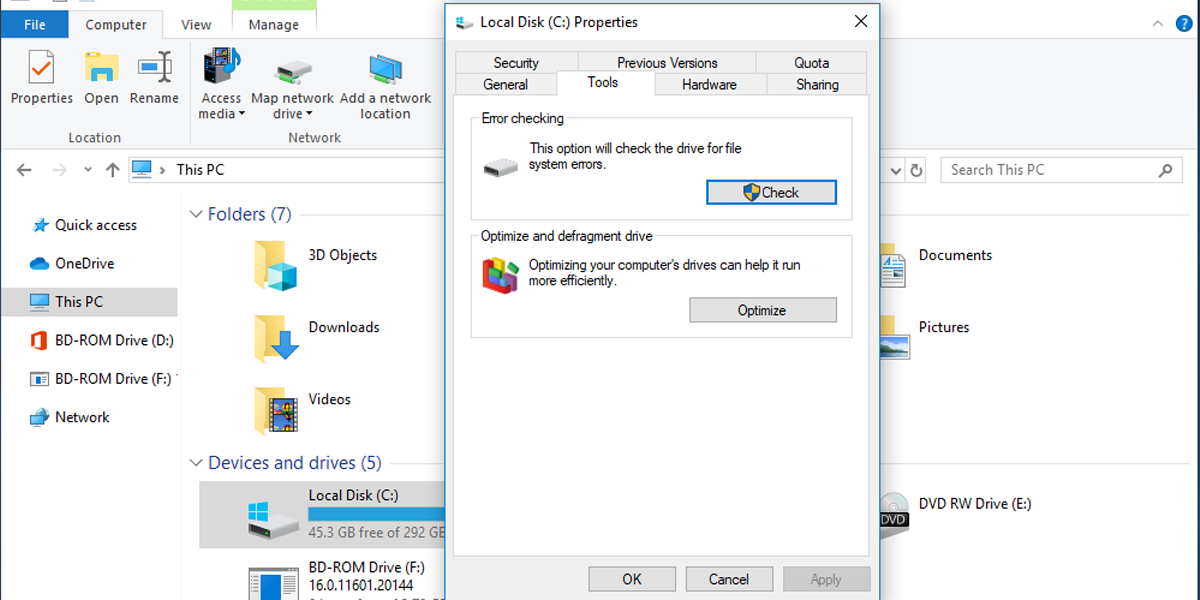 Properties menu for C: drive in Windows 10