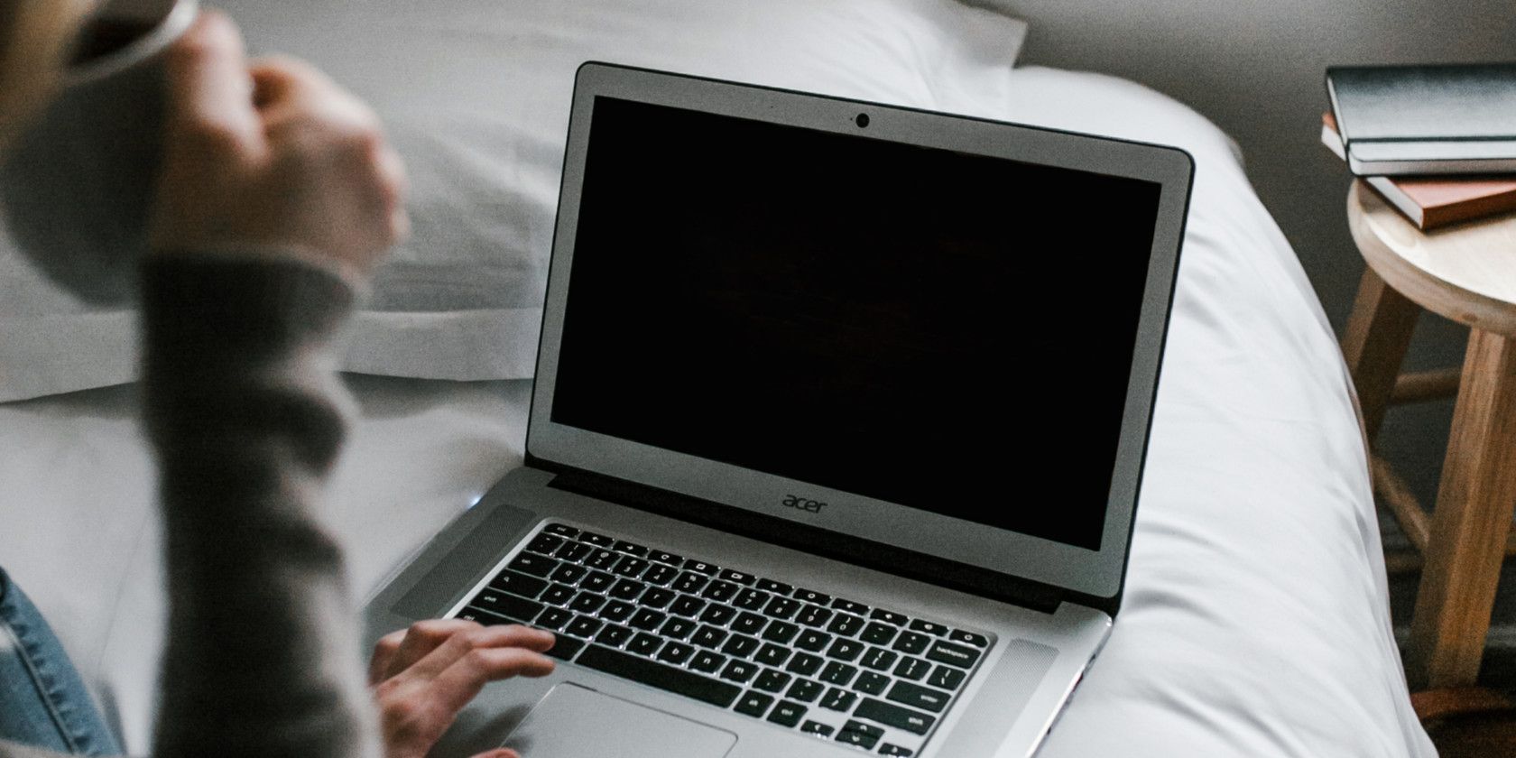 Chromebook laptop being used on bed