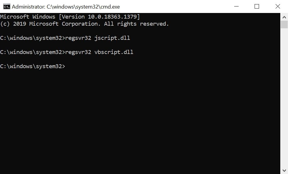 Re-registering vbscript.dll and jscript.dll using Command Prompt