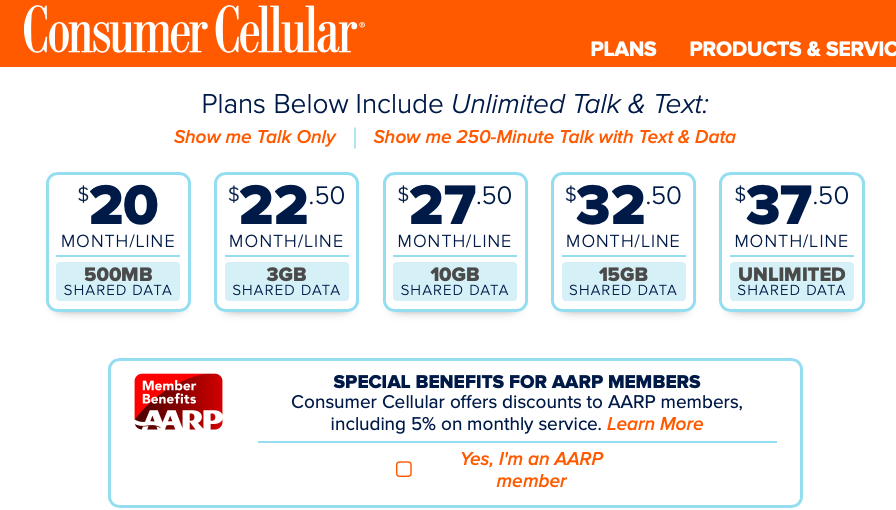 5 different plan options for ConsumerCellular. There is also a box for AARP member to check to receive a discount