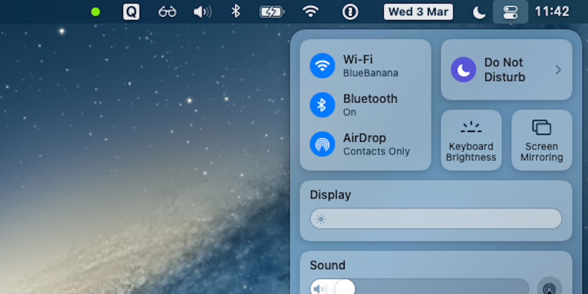 A screenshot of macOS showing Control Centre open