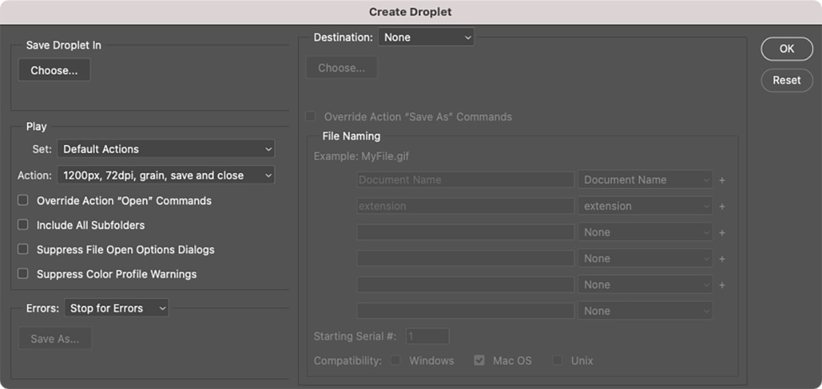create droplet panel in photoshop
