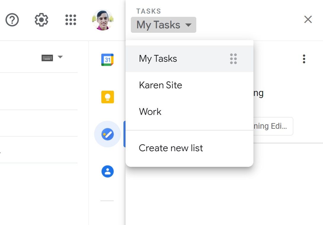 Managing list options in Google Tasks