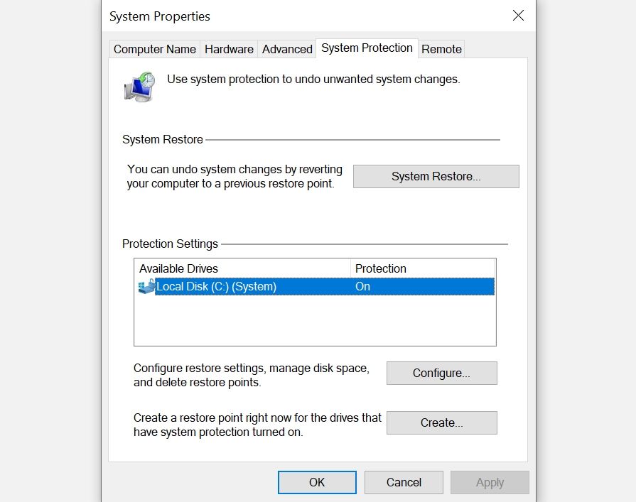 Create a system restore point