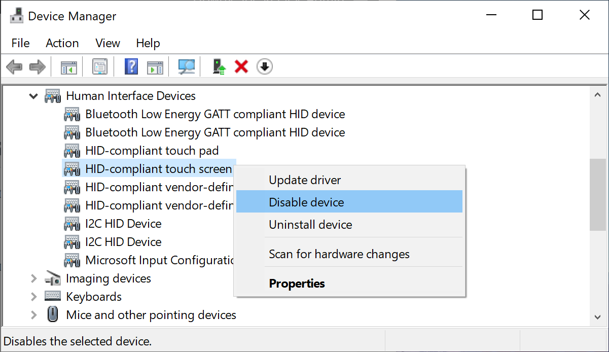 device manager disable touchscreen