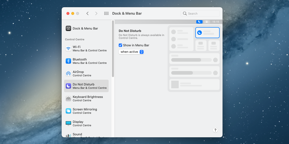 A screenshot of macOS showing the Do Not Disturb dock and menu bar preferences